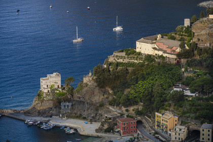 Italy, Liguria, Cinque Terre National Park listed as World Heritage by UNESCO, village of Monterosso al Mare, the 16th century Aurora Tower under the ruins of the castle and the monastery