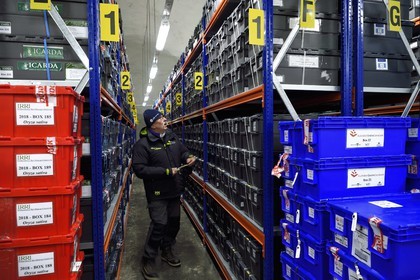 Norway, Svalbard, Spitzbergen, Longyearbyen, Svalbard Global Seed Vault (Seed Bank), seed storage room artificially maintained at -18°C, there are nearly 900000 samples deposited, from 200 countries of origin and 73 depositor institutes