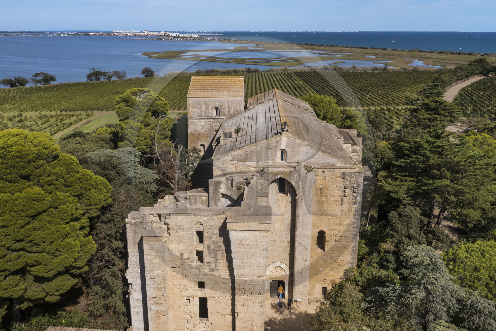 France, Hérault (34), Villeneuve-lès-Maguelone (Palavas-Les-Flots), cathédrale Saint-Pierre-et-Saint-Paul de Maguelone des XIIème et XIIIème siècles entourée de vignes sur son île, l'Etang du Prévost et Palavas-Les-Flots en arrière plan (vue aérienne)