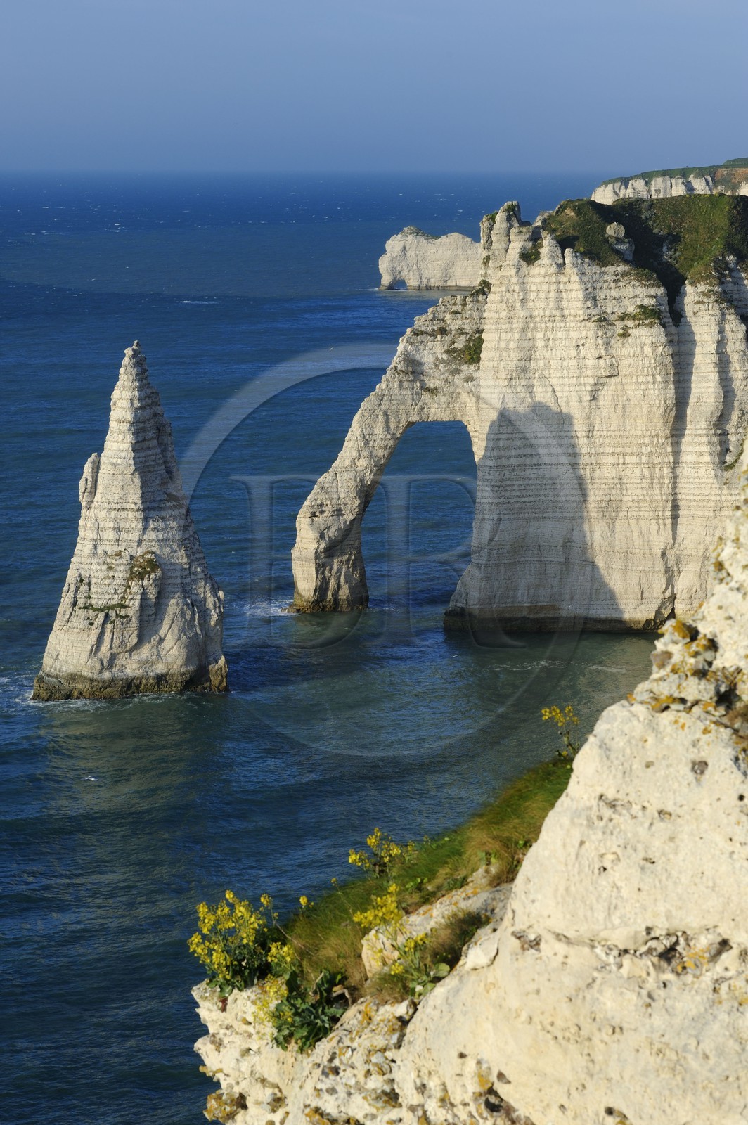France, Seine-Maritime (76), Pays de Caux, Côte d'Albâtre, Etretat, la falaise d'Aval et l'Aiguille Creuse, au fond on distingue l'arche de la falaise d'Amont