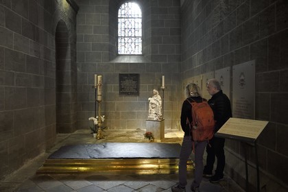 France, Haute Loire, Le Puy en Velay, Routes of Santiago de Compostela, the 12th century Our Lady (Notre-Dame-de-l'Annunciation) cathedral listed as World heritage by UNESCO, Chapel of the Holy Crucifix, large phonolith slab called the Stone of Fevers or Stone of Apparitions (of the Virgin)