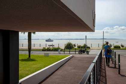 France, Charente-Maritime, Royan, under the convention center (1957) designed by the architect-urban planner Claude Ferret and the ferry which crosses between Pointe de Grave and Royan in the background