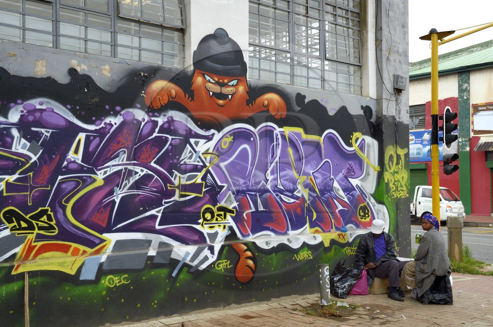 Afrique du Sud, province de Gauteng, Johannesburg, CBD (Central Business District), Newtown, peintures murales sur les murs des entrepots sous l'autoroute M1 De villiers Graaff motorway