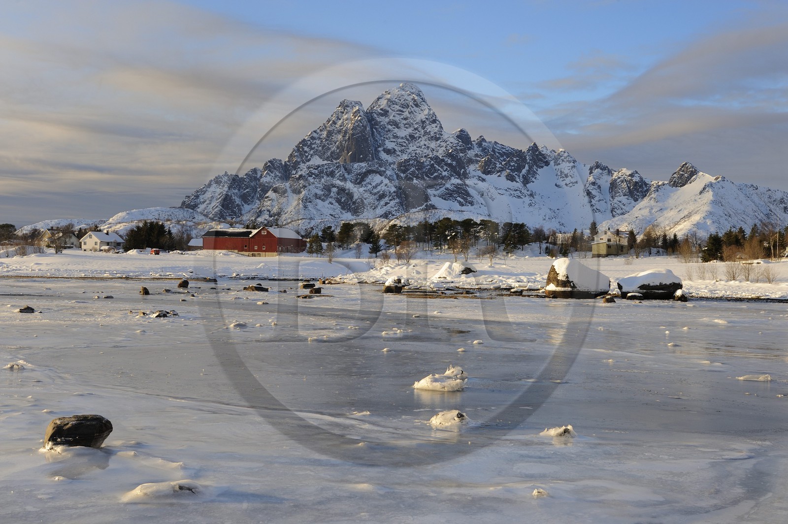Norvège, Nordland, Iles Lofoten, paysage d'une baie gelée en hiver sur l'Ile de Vagan