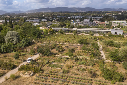 France, Alpes-Maritimes, Mouans-Sartoux, Gardens of the International Museum of Perfumery (Musée International de la Parfumerie - MIP) (aerial view)