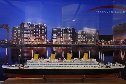 United Kingdom, Northern Ireland, Belfast, docks district of Queen's Island, the Titanic Belfast Experience center, model of the RMS Titanic
