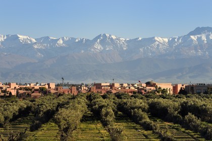Morocco, High Atlas, Marrakech, Imperial city, Medina listed as World Heritage by UNESCO, Bab Ighli district and the snow-covered Atlas in the background