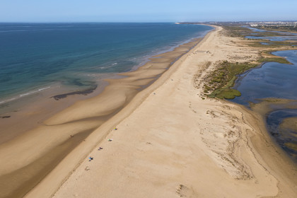 Portugal, Algarve, Ria Formosa Nature Park, Tavira, village of Cacela Velha beach (aerial view)