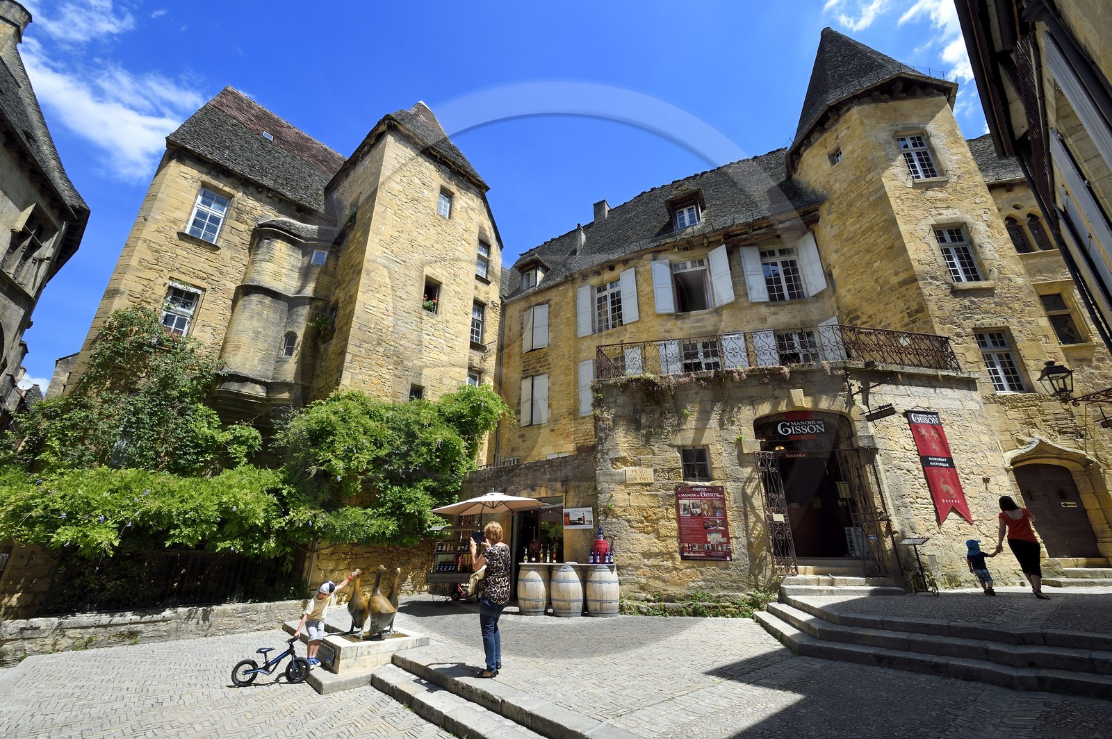 France, Dordogne (24), Périgord Noir, vallée de la Dordogne, Sarlat-la-Canéda, Place du marché aux oies, les oies statue par Lalanne, en arrière-plan l'Hotel de Vassal du XVème siècle et le Manoir de Gisson à droite