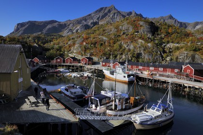 Norway, Nordland County, Lofoten Islands, Flakstadoy Island, harbour of Nussfjord restored village
