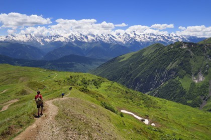 Georgia, Upper Svaneti (Zemo Svaneti), Mestia, hiker on the foothills of Mount Ushba