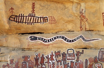 Mali, Dogon Country, Bandiagara Cliff listed as World Heritage by UNESCO, Songo, wall paintings of the circumcision canopy: snake, computer and snake