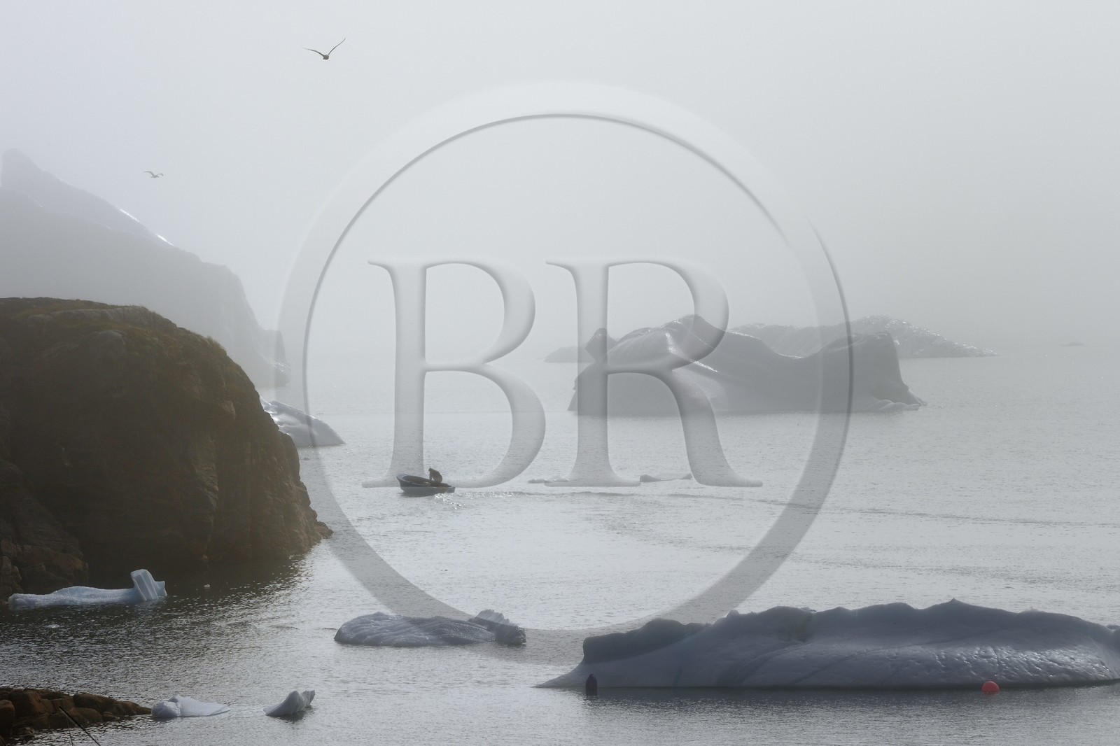 Groenland, cote ouest, Ile de Disko, baie du village de Qeqertarsuaq, icebergs dans la brume
