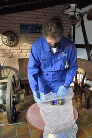 France, Bas-Rhin, Schiltigheim, intervention of engineers from the National Agency for the Management of Radioactive Waste (Andra) in a private home to remove radioactivity from a rare model of a century-old radium fountain