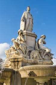 France, Gard, Nimes, Charles-de-Gaulle esplanade, the Pradier Fountain, allegory of the city of Nimes and the 4 rivers that feed the region