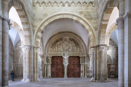 France, Yonne, regional natural park of Morvan, Vézelay, a UNESCO World Heritage site, labelled Les Plus Beaux Villages de France, starting point of one of the main ways to Santiago de Compostela, the Basilica of Saint Mary Magdalene, tympanum of the central portal of the narthex, a masterpiece of Romanesque art