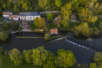 France, Vendee, Mortagne sur Sèvre, Moulin Pont Vieux guest house, a former spinning mill in the Sevre Nantaise river valley (aerial view)