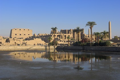 Egypt, Upper Egypt, Nile Valley, Luxor, Karnak Temple listed as World Heritage by UNESCO, the sacred lac and the obelisks of Tuthmosis I and Hatshepsut