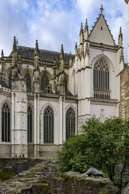 France, Loire Atlantique, Nantes, Bouffay district, bronze statue of a fish-tailed beaver by the artist Laurent Le Deunff on a vestige of the Porte Saint Pierre, the cathedral of Saint Pierre and Saint Paul in the background