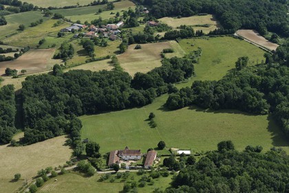 France, Dordogne, Perigord Vert, Le Chadeuil, farms (aerial view)