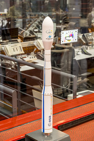 France, French Guiana, Kourou, Guiana Space Centre (Centre spatial guyanais, CSG) also called Europe's Spaceport, model of the European Vega light rocket in front of the Jupiter command room
