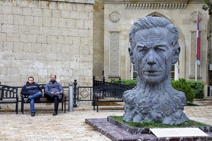 Azerbaijan, Baku, Old City, listed as World heritage by UNESCO, bronze bust of poet Aliaga Vahid