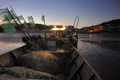 France, Seine-Maritime (76), Veules-les-Roses, départ à la pêche à bord du bateau La Pomme tiré par un tracteur sur la plage et appartenant à Anthony Paumier le plus jeune patron de pêche de France
