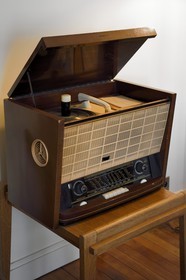 France, Seine Maritime, Le Havre, Downtown rebuilt by Auguste Perret listed as World Heritage by UNESCO, Maison du Patrimoine atelier Perret, appartement Perret, historic showflat of the post war period, furnished in a 1950's style, radio and record player