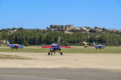 France, Bouches du Rhone, Salon de Provence, air base 701, base of the Patrouille de France (PAF for Patrouille acrobatique de France) of the French Air and Space Force, Alphajet planes head towards the runway, Lançon-Provence in the background