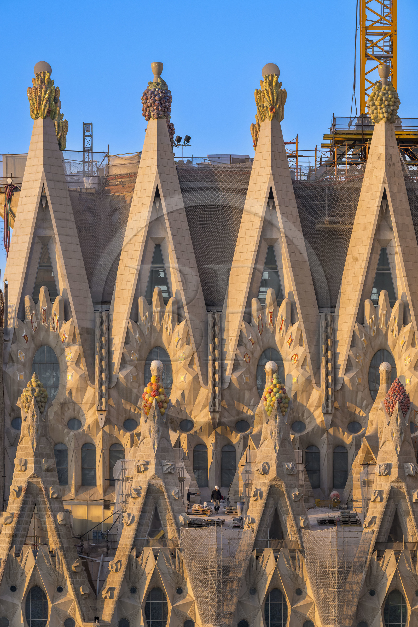 Espagne, Catalogne, Barcelone, quartier de l'Eixample, basilique de la Sagrada Familia de l'architecte du modernisme catalan Antoni Gaudi classée Patrimoine Mondial de l'UNESCO, sommets surmontés de mosaïques en forme de fruits entourant le chantier sur le toit de la nef ici côté facade de la Passion