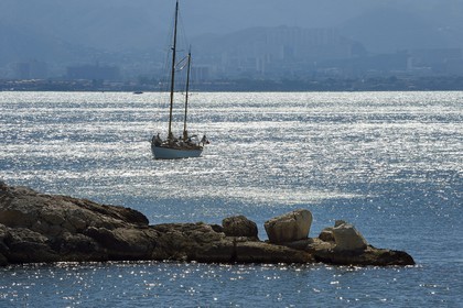 France, Bouches du Rhone, Marseille, Calanques National Park, archipelago of Frioul islands, natural port of the Pomegues island, mooring bollard carved in the rock that would date from the 17th century