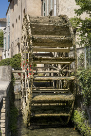 France, Vaucluse, L'Isle sur la Sorgue, old water mill wheel in the street Teophile Jean nicknamed wheel street