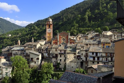 France, Alpes-Maritimes (06), vallée de la Roya (arrière-pays niçois), au pied du parc national du Mercantour, Tende, la collégiale Notre Dame de l'Assomption dans un enchevetrement de toits en lauze