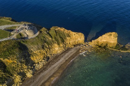 France, Calvados, Cricqueville en Bessin, Pointe du Hoc, german fortifications of the Atlantic wall, former german battery observation and firing station, monument in honor of the sacrifice of American troops and one of the places of commemoration of the landing (aerial view)