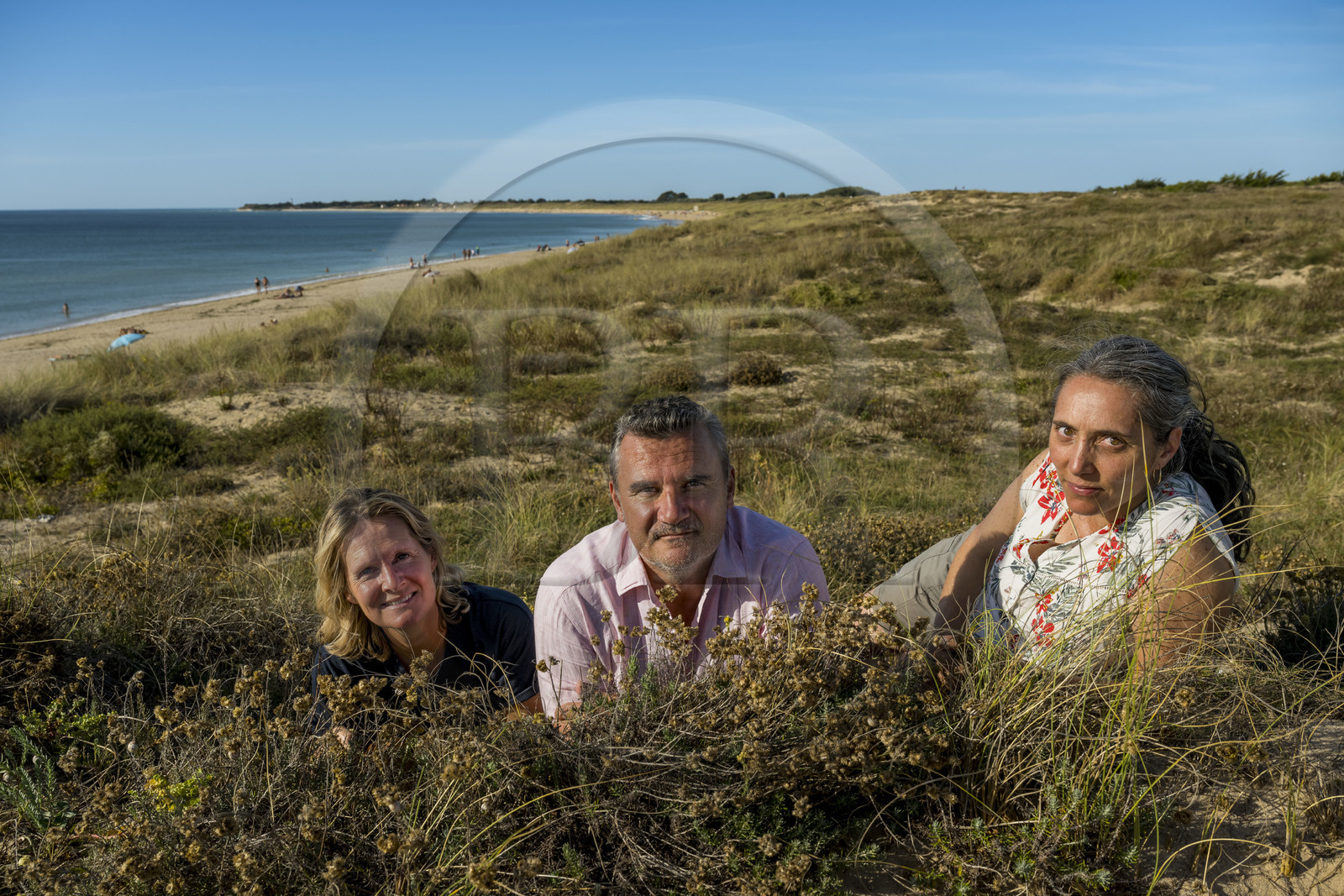 France, Charente-Maritime (17), Ile d'Oléron, Saint-Georges-d'Oléron, plage de Chaucre, l’ingénieur agronome Ethel Gauthier à droite avec Anne-Cécile et Christophe Amigorena les créateurs du Gin Melifera, immortelles des dunes (helichrysum stoechas) au premier plan France, Charente-Maritime (17), Ile d'Oléron, Saint-Georges-d'Oléron, plage de Chaucre, l’ingénieur agronome Ethel Gauthier à droite avec Anne-Cécile et Christophe Amigorena les créateurs du Gin Melifera, immortelles des dunes (helichrysum stoechas) au premier plan