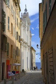 France, Haute Corse, Bastia, the Citadel district of Terra Nova, rue Notre-Dame and the former St. Mary's Cathedral in the background