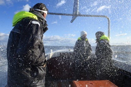 Suède, Västra Götaland, Iles Koster, sortie en mer pour récupérer les casiers à homards