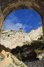 France, Bouches-du-Rhône (13), Ensuès-la-Redonne vers Marseille, la Cote Bleue, randonnée de Niolon au Cap Méjean le long du Sentier des Douaniers, le pont ferroviaire de la calanque de l'Erevine