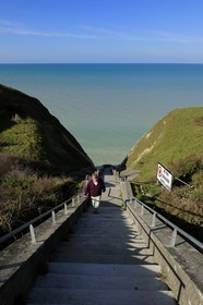 France, Seine-Maritime (76), Pays de Caux, Côte d'Albâtre, petite valleuse à Sotteville-sur-Mer, escalier menant à la mer