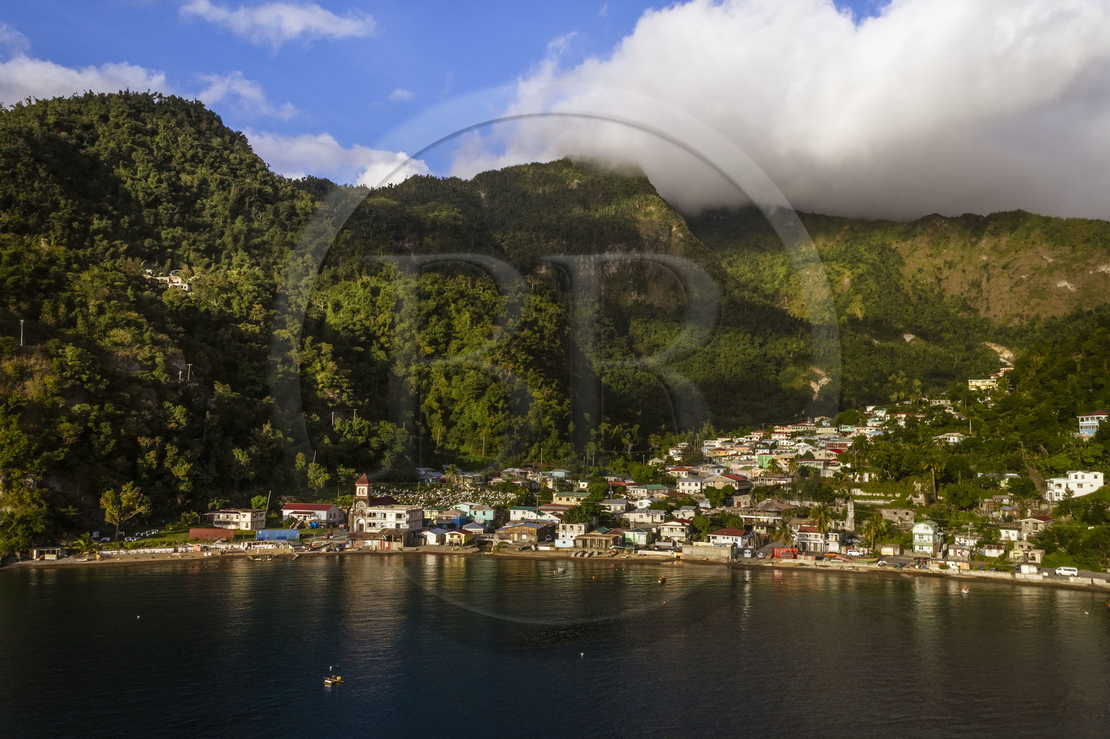 Caribbean, Dominica Island, Soufriere Bay, the beach and the village of Soufriere (aerial view)