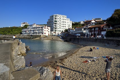 France, Pyrenees Atlantiques, Basque Country coast, Guethary, old whaling port overlooked by the former art deco Guétharia hotel built in the 1920s turned into a residence