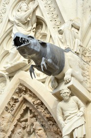 France, Marne (51), Reims, la cathédrale Notre-Dame de Reims, classée Patrimoine Mondial de l'UNESCO, gargouille plomb et zinc (XVIIème siècle) sur la facade occidentale