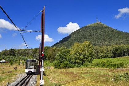 France, Puy de Dome, Parc Naturel Régional des Volcans d'Auvergne (regional nature park of Auvergne volcanoes), Chaine des Puys listed as World heritage by UNESCO, the Panoramic des Dômes cogwheel train that climbs to the top of the Puy de Dôme volcano