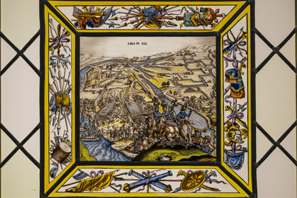 France, Vendee, Mortagne sur Sèvre, Saint-Hilaire church, church and stained glass interpretation center, reproduction of the stained glass window representing the Battle of the Ile de Rié carried out by King Louis XIII in 1622 against a concentration of Huguenot troops