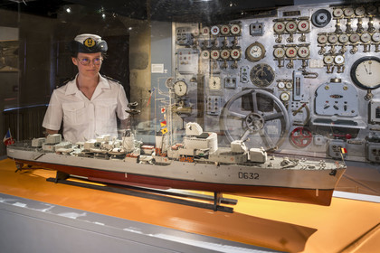 France, Finistère, Brest, the National Maritime Museum in the castle, squadron escort model, rear engine maneuvering panel of the squadron escort Le Vauquelin in the background