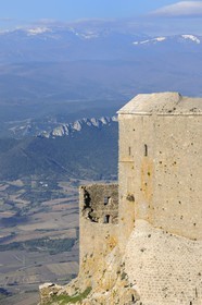 France, Aude, Cathar castle of Queribus and the Pyrenees