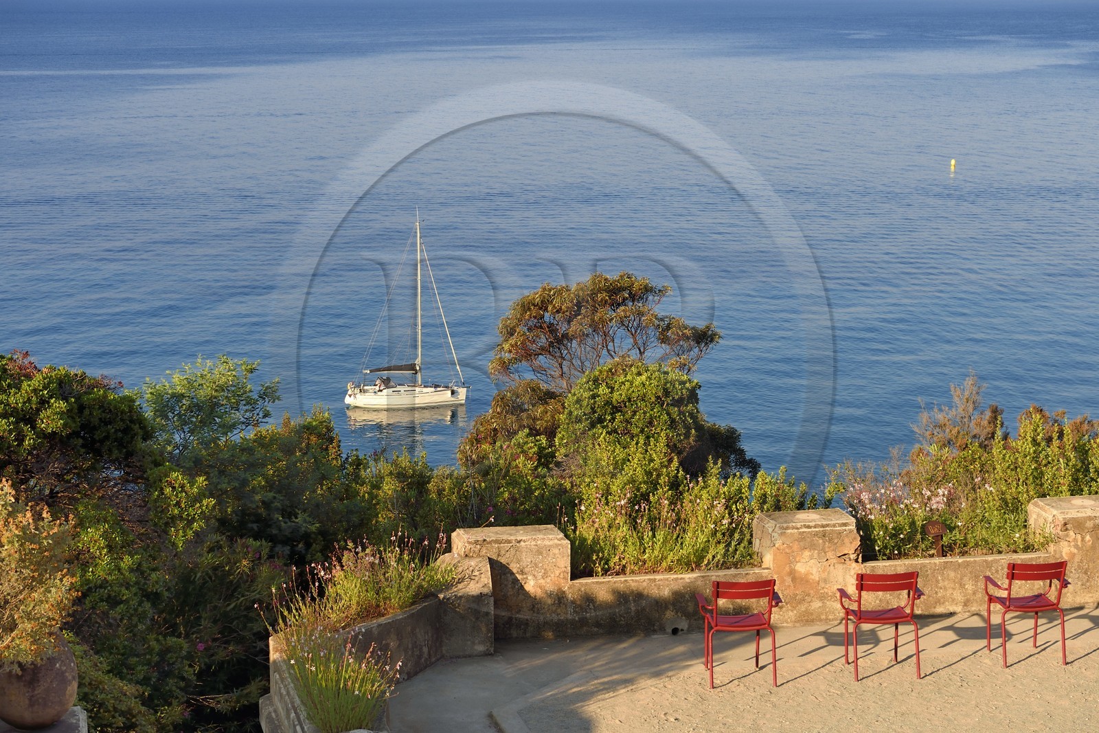 France, Var (83), Rayol-Canadel-sur-Mer, Domaine du Rayol, propriété du conservatoire du littoral mention obligatoire, le jardin des Méditerranées conçu par le paysagiste Gilles Clément, terrasse sur la mer
