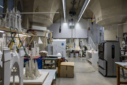 Spain, Catalonia, Barcelona, Eixample district, Sagrada Familia basilica by Catalan modernist architect Antoni Gaudi, listed as a UNESCO World Heritage Site, the model workshop, Ignasi Badia Nogués reconstructs the 3D model of the facade of the apse facing northwest