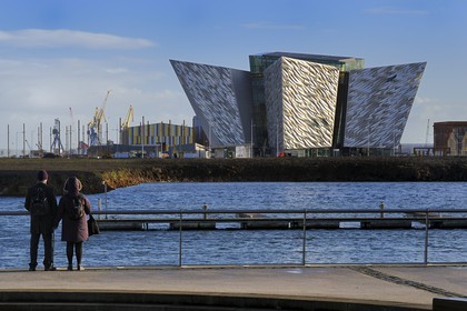 United Kingdom, Northern Ireland, Belfast, the new Titanic Quarter of Queen's Island and the Titanic Belfast Experience center in the background