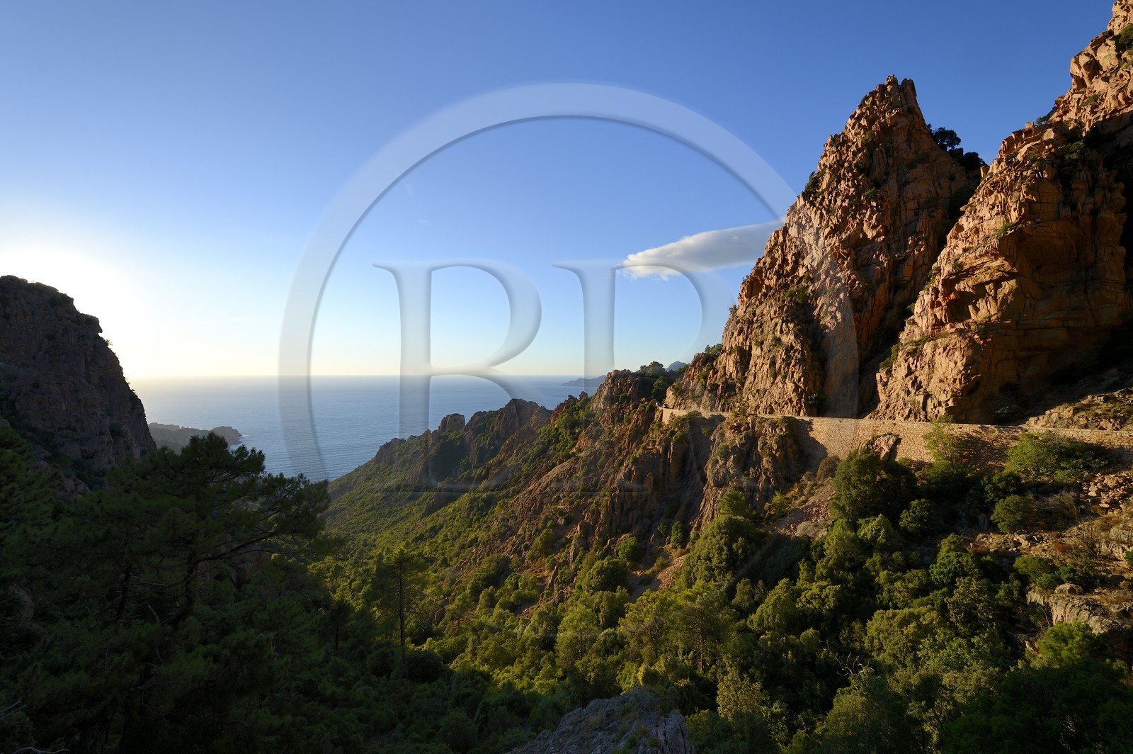 France, Corse-du-Sud (2A), Golfe de Porto, classé Patrimoine Mondial de l'UNESCO, calanches de Piana aux rochers de granit rose et la route D81 entre Porto et Cargèse